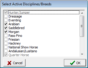 Select Active Disciplines/Breeds Dialog